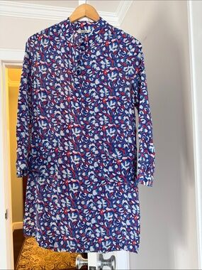 Tucker Blue Print Silk Shift Tunic Shirt Dress Front Pockets 3/4 Sleeve Size:S